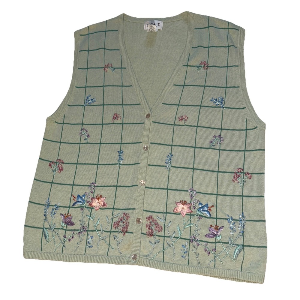 Vintage Graff Women's Embroidered Floral Sweater Vest Green Size Large Cottage